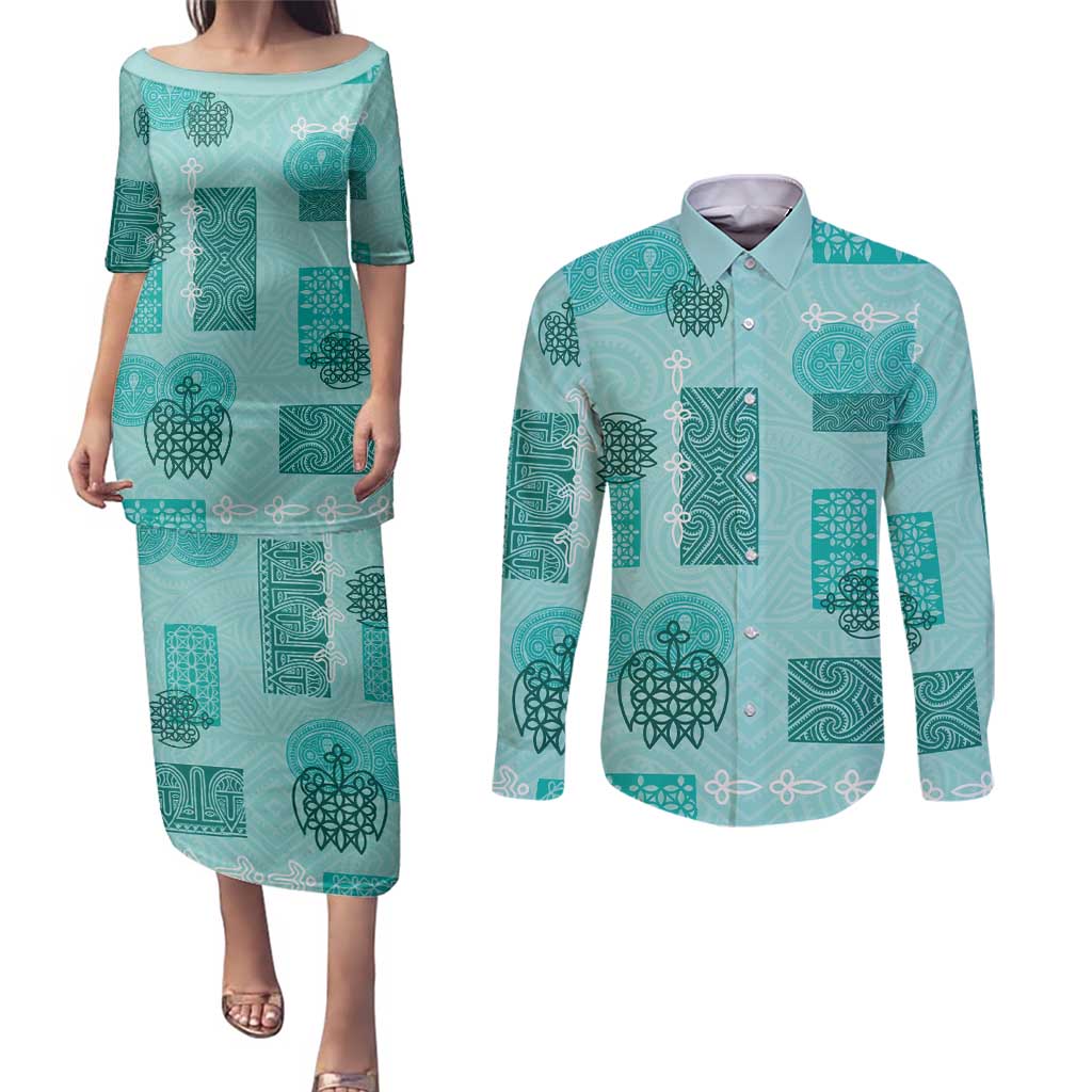 Vintage Lapita Couples Matching Puletasi and Long Sleeve Button Shirt Iconic Double Face Pattern Turquoise LT05 Turquoise - Polynesian Pride