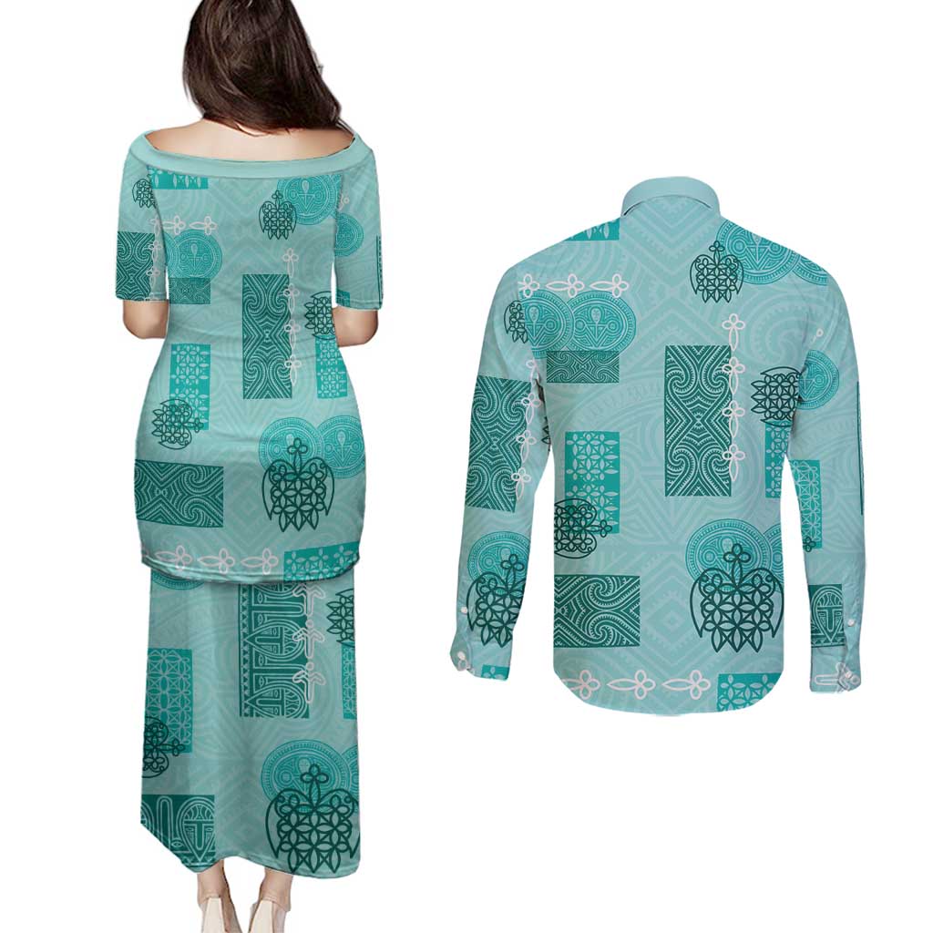 Vintage Lapita Couples Matching Puletasi and Long Sleeve Button Shirt Iconic Double Face Pattern Turquoise LT05 - Polynesian Pride