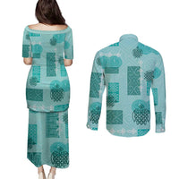 Vintage Lapita Couples Matching Puletasi and Long Sleeve Button Shirt Iconic Double Face Pattern Turquoise LT05 - Polynesian Pride
