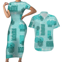 Vintage Lapita Couples Matching Short Sleeve Bodycon Dress and Hawaiian Shirt Iconic Double Face Pattern Turquoise LT05 Turquoise - Polynesian Pride