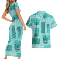 Vintage Lapita Couples Matching Short Sleeve Bodycon Dress and Hawaiian Shirt Iconic Double Face Pattern Turquoise LT05 - Polynesian Pride