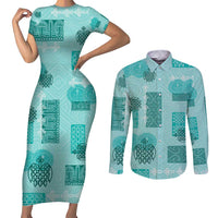 Vintage Lapita Couples Matching Short Sleeve Bodycon Dress and Long Sleeve Button Shirt Iconic Double Face Pattern Turquoise LT05 Turquoise - Polynesian Pride