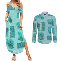 Vintage Lapita Couples Matching Summer Maxi Dress and Long Sleeve Button Shirt Iconic Double Face Pattern Turquoise LT05 Turquoise - Polynesian Pride