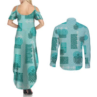 Vintage Lapita Couples Matching Summer Maxi Dress and Long Sleeve Button Shirt Iconic Double Face Pattern Turquoise LT05 - Polynesian Pride