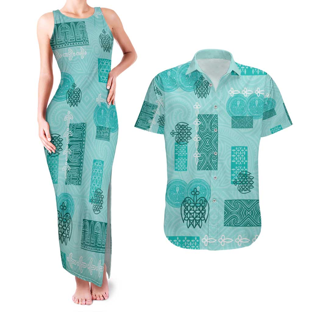 Vintage Lapita Couples Matching Tank Maxi Dress and Hawaiian Shirt Iconic Double Face Pattern Turquoise LT05 Turquoise - Polynesian Pride