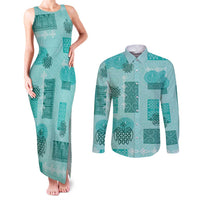 Vintage Lapita Couples Matching Tank Maxi Dress and Long Sleeve Button Shirt Iconic Double Face Pattern Turquoise LT05 Turquoise - Polynesian Pride