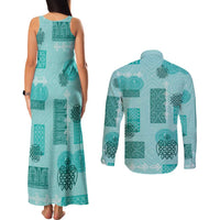 Vintage Lapita Couples Matching Tank Maxi Dress and Long Sleeve Button Shirt Iconic Double Face Pattern Turquoise LT05 - Polynesian Pride