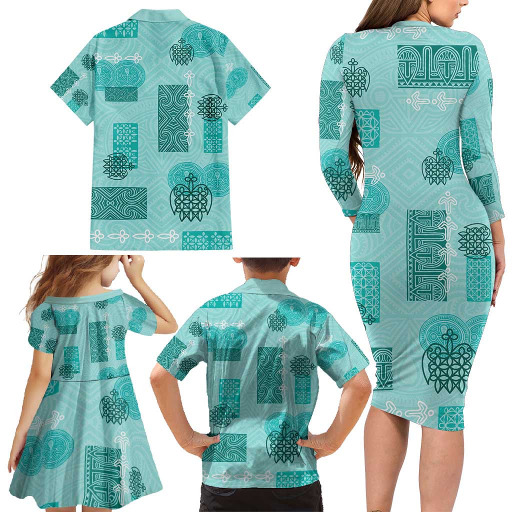 Vintage Lapita Family Matching Long Sleeve Bodycon Dress and Hawaiian Shirt Iconic Double Face Pattern Turquoise LT05