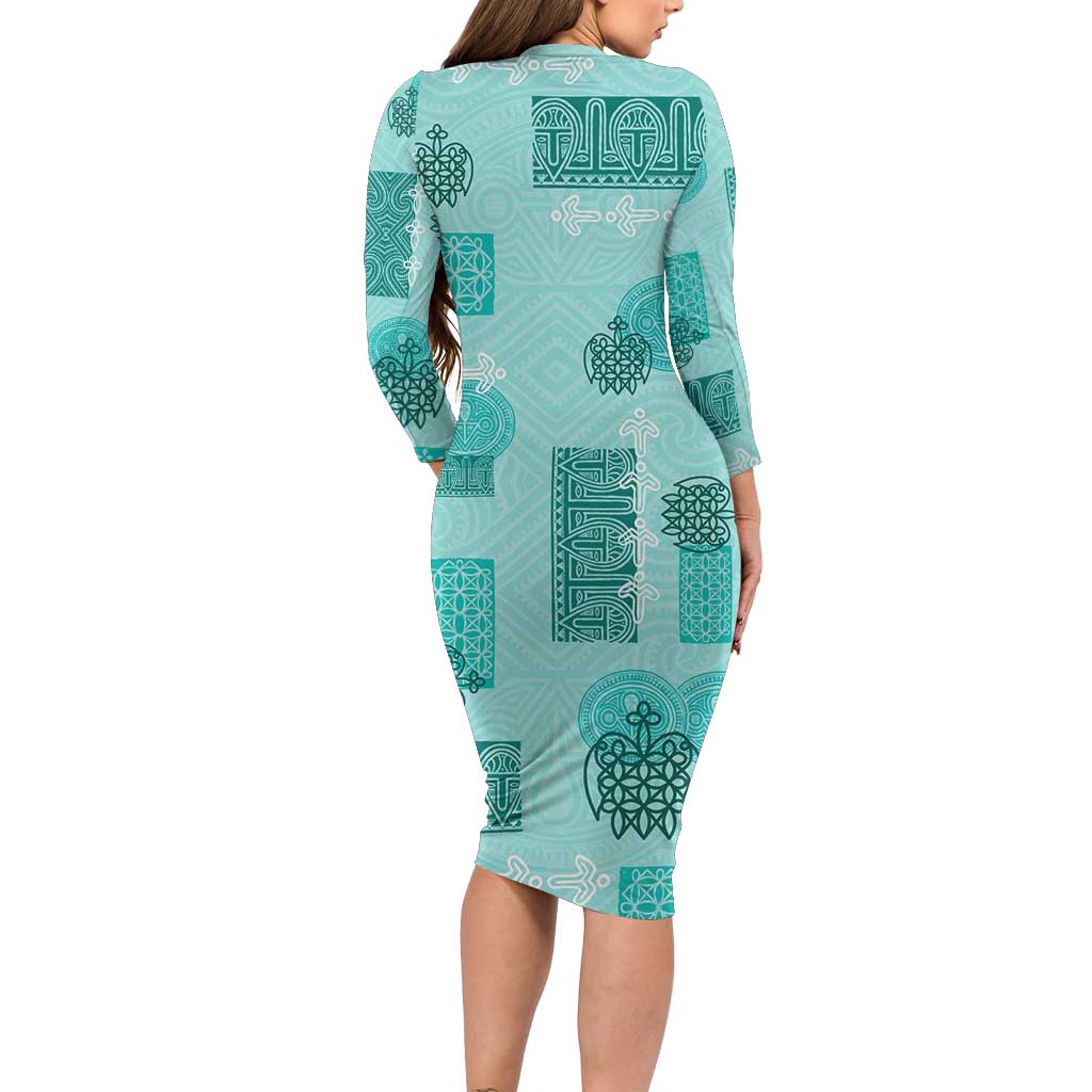 Vintage Lapita Family Matching Long Sleeve Bodycon Dress and Hawaiian Shirt Iconic Double Face Pattern Turquoise LT05