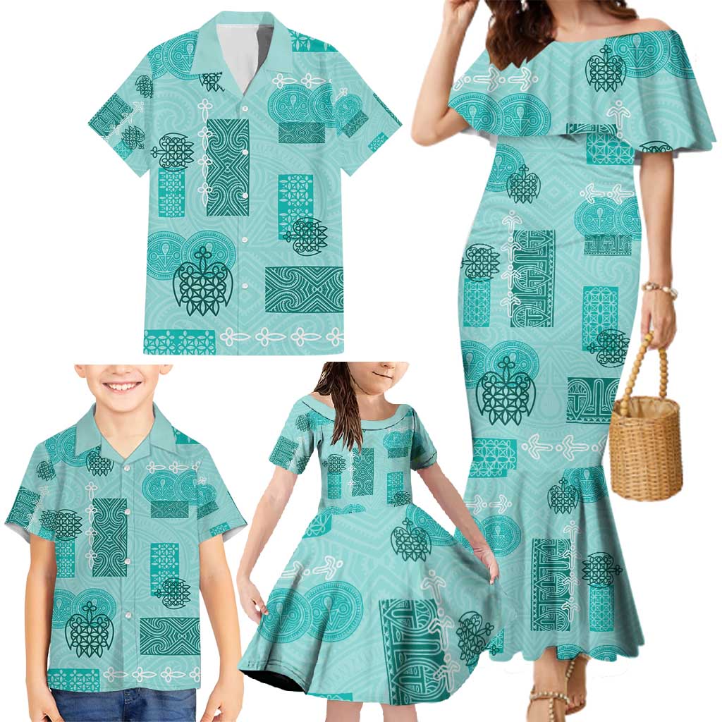Vintage Lapita Family Matching Mermaid Dress and Hawaiian Shirt Iconic Double Face Pattern Turquoise LT05
