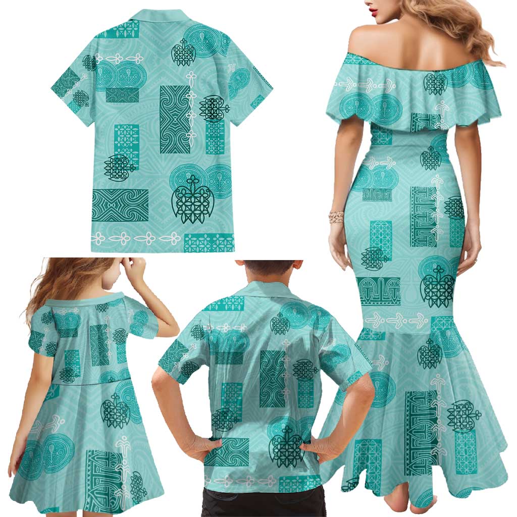 Vintage Lapita Family Matching Mermaid Dress and Hawaiian Shirt Iconic Double Face Pattern Turquoise LT05