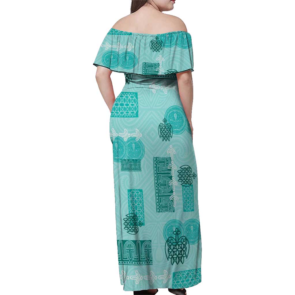Vintage Lapita Family Matching Off Shoulder Maxi Dress and Hawaiian Shirt Iconic Double Face Pattern Turquoise LT05