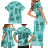 Vintage Lapita Family Matching Short Sleeve Bodycon Dress and Hawaiian Shirt Iconic Double Face Pattern Turquoise LT05