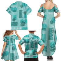 Vintage Lapita Family Matching Summer Maxi Dress and Hawaiian Shirt Iconic Double Face Pattern Turquoise LT05