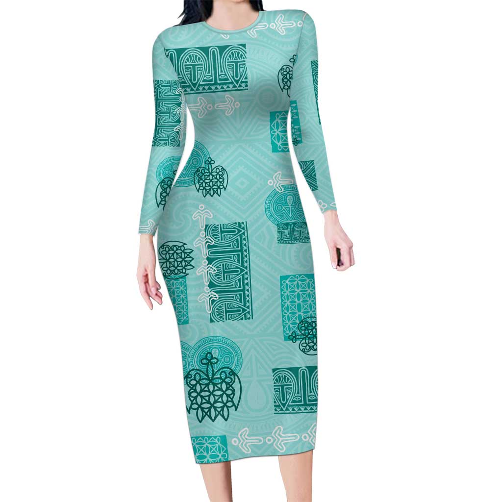 Vintage Lapita Long Sleeve Bodycon Dress Iconic Double Face Pattern Turquoise LT05