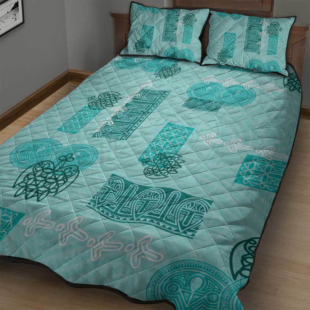 Vintage Lapita Quilt Bed Set Iconic Double Face Pattern Turquoise LT05 - Polynesian Pride