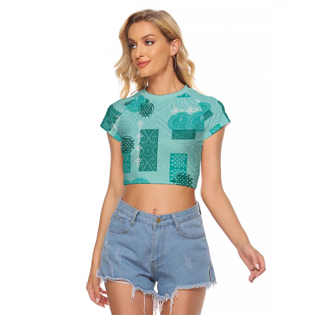 Vintage Lapita Raglan Cropped T Shirt Iconic Double Face Pattern Turquoise LT05 Female Turquoise - Polynesian Pride