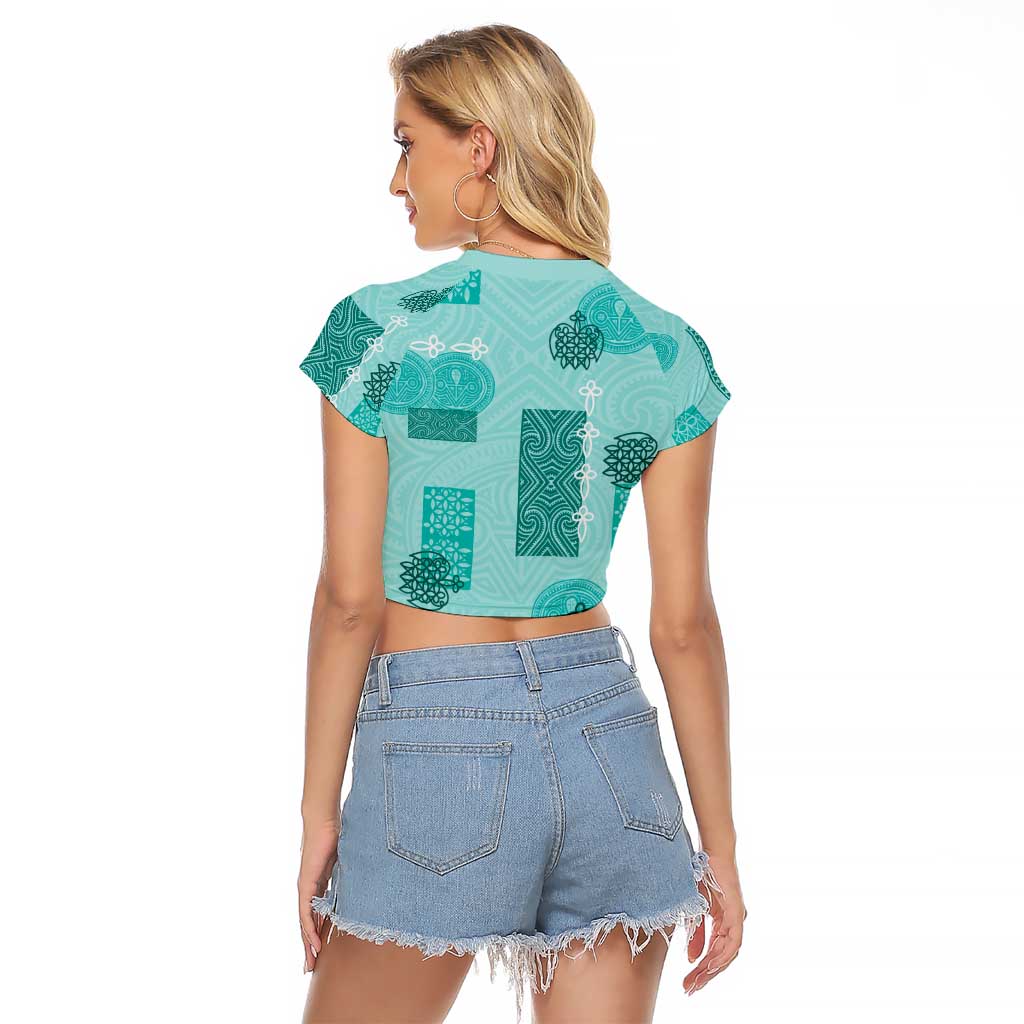 Vintage Lapita Raglan Cropped T Shirt Iconic Double Face Pattern Turquoise LT05 - Polynesian Pride