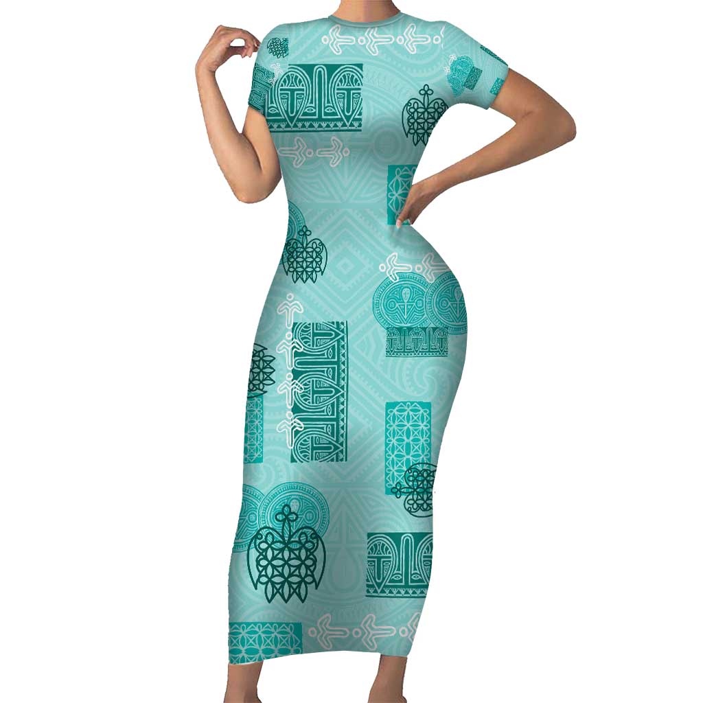 Vintage Lapita Short Sleeve Bodycon Dress Iconic Double Face Pattern Turquoise LT05