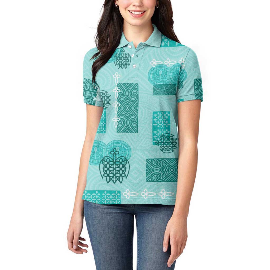 Vintage Lapita Women Polo Shirt Iconic Double Face Pattern Turquoise LT05