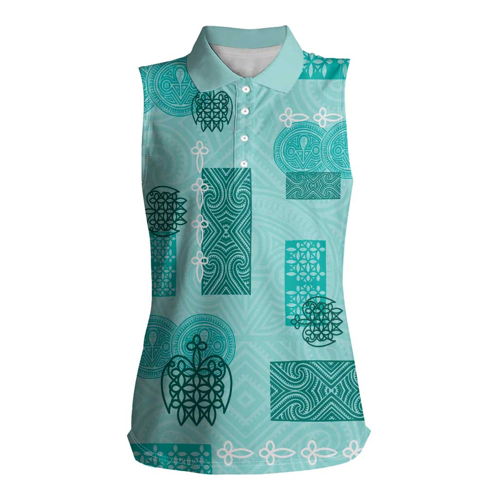 Vintage Lapita Women Sleeveless Polo Shirt Iconic Double Face Pattern Turquoise LT05