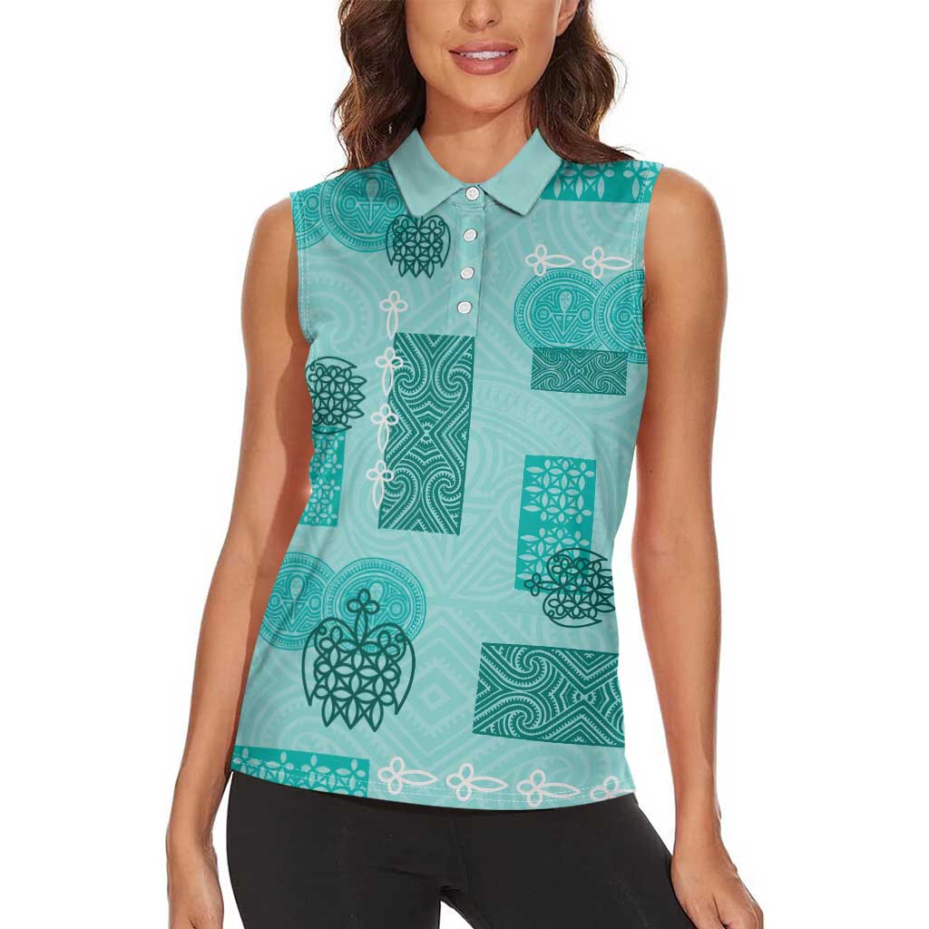 Vintage Lapita Women Sleeveless Polo Shirt Iconic Double Face Pattern Turquoise LT05