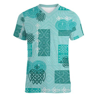 Vintage Lapita Women V-Neck T-Shirt Iconic Double Face Pattern Turquoise LT05 Female Turquoise - Polynesian Pride