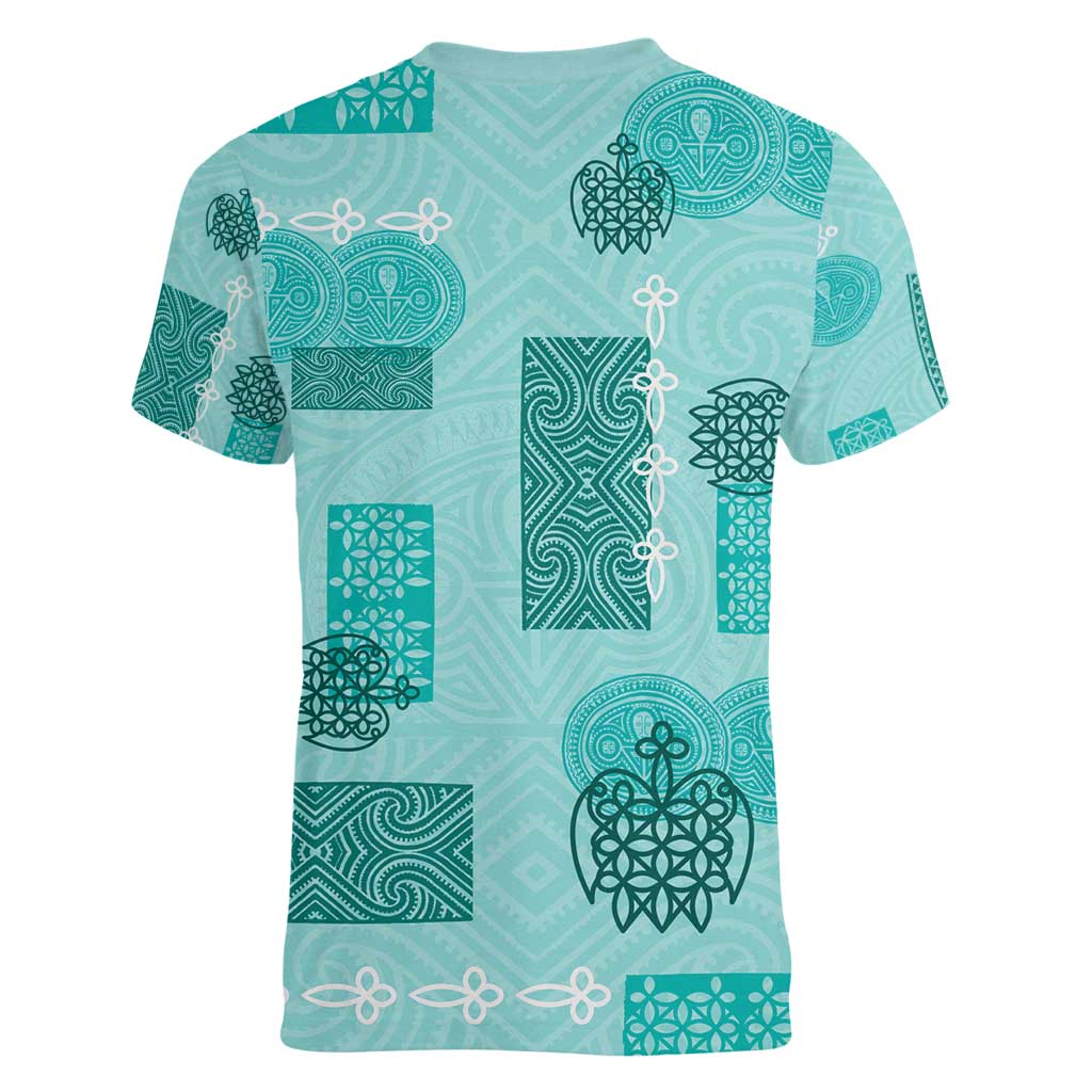 Vintage Lapita Women V-Neck T-Shirt Iconic Double Face Pattern Turquoise LT05 - Polynesian Pride