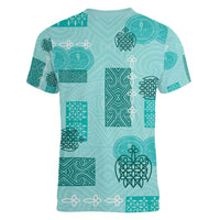 Vintage Lapita Women V-Neck T-Shirt Iconic Double Face Pattern Turquoise LT05 - Polynesian Pride