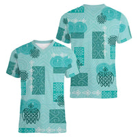 Vintage Lapita Women V-Neck T-Shirt Iconic Double Face Pattern Turquoise LT05 - Polynesian Pride