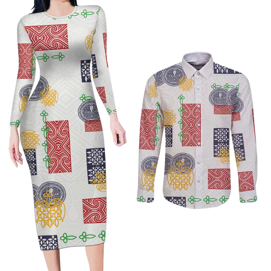 Vintage Lapita Couples Matching Long Sleeve Bodycon Dress and Long Sleeve Button Shirt Iconic Double Face Pattern LT05 Colorful - Polynesian Pride