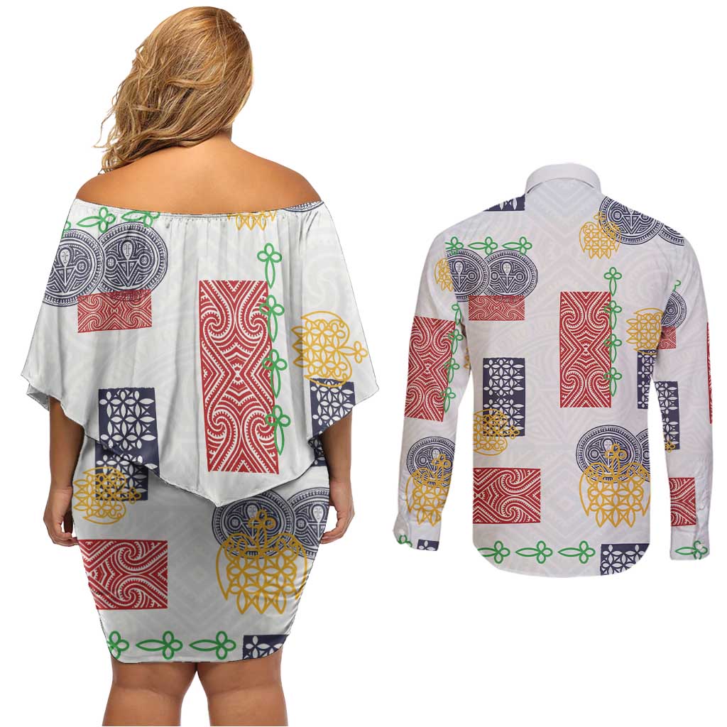 Vintage Lapita Couples Matching Off Shoulder Short Dress and Long Sleeve Button Shirt Iconic Double Face Pattern LT05 - Polynesian Pride