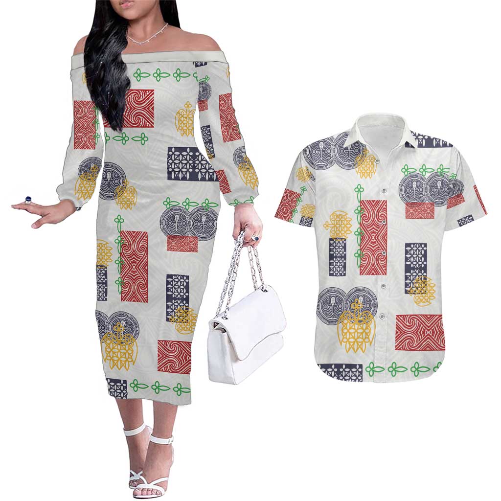 Vintage Lapita Couples Matching Off The Shoulder Long Sleeve Dress and Hawaiian Shirt Iconic Double Face Pattern LT05 Colorful - Polynesian Pride