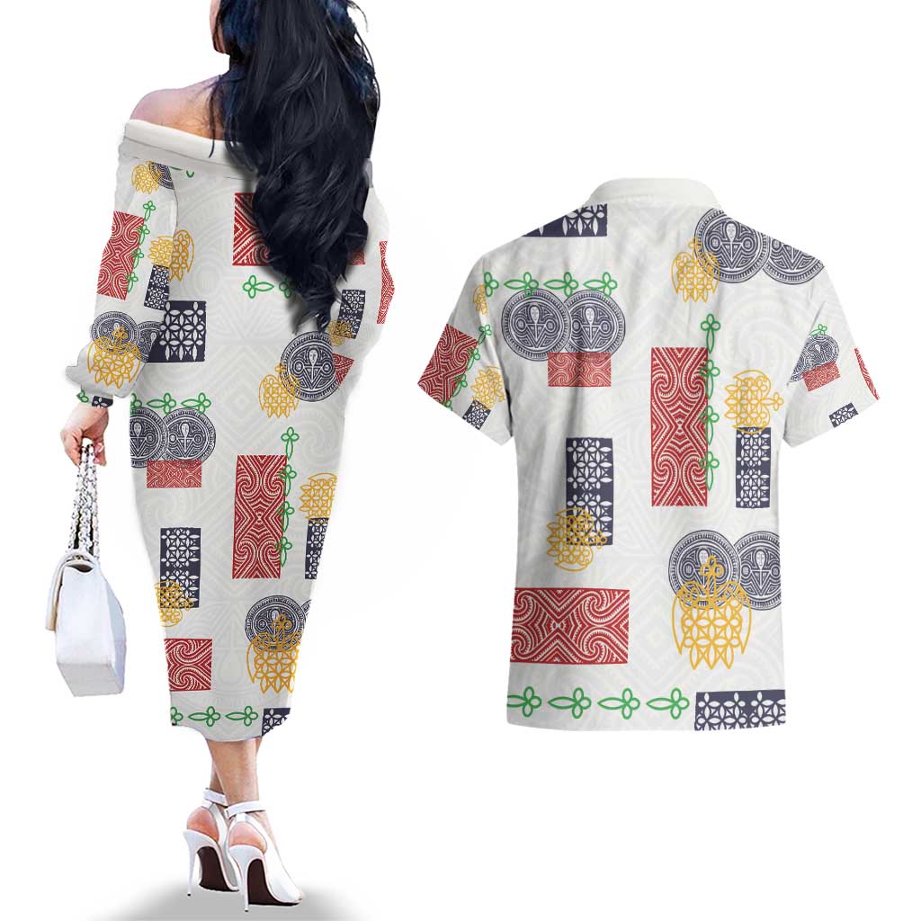 Vintage Lapita Couples Matching Off The Shoulder Long Sleeve Dress and Hawaiian Shirt Iconic Double Face Pattern LT05 - Polynesian Pride