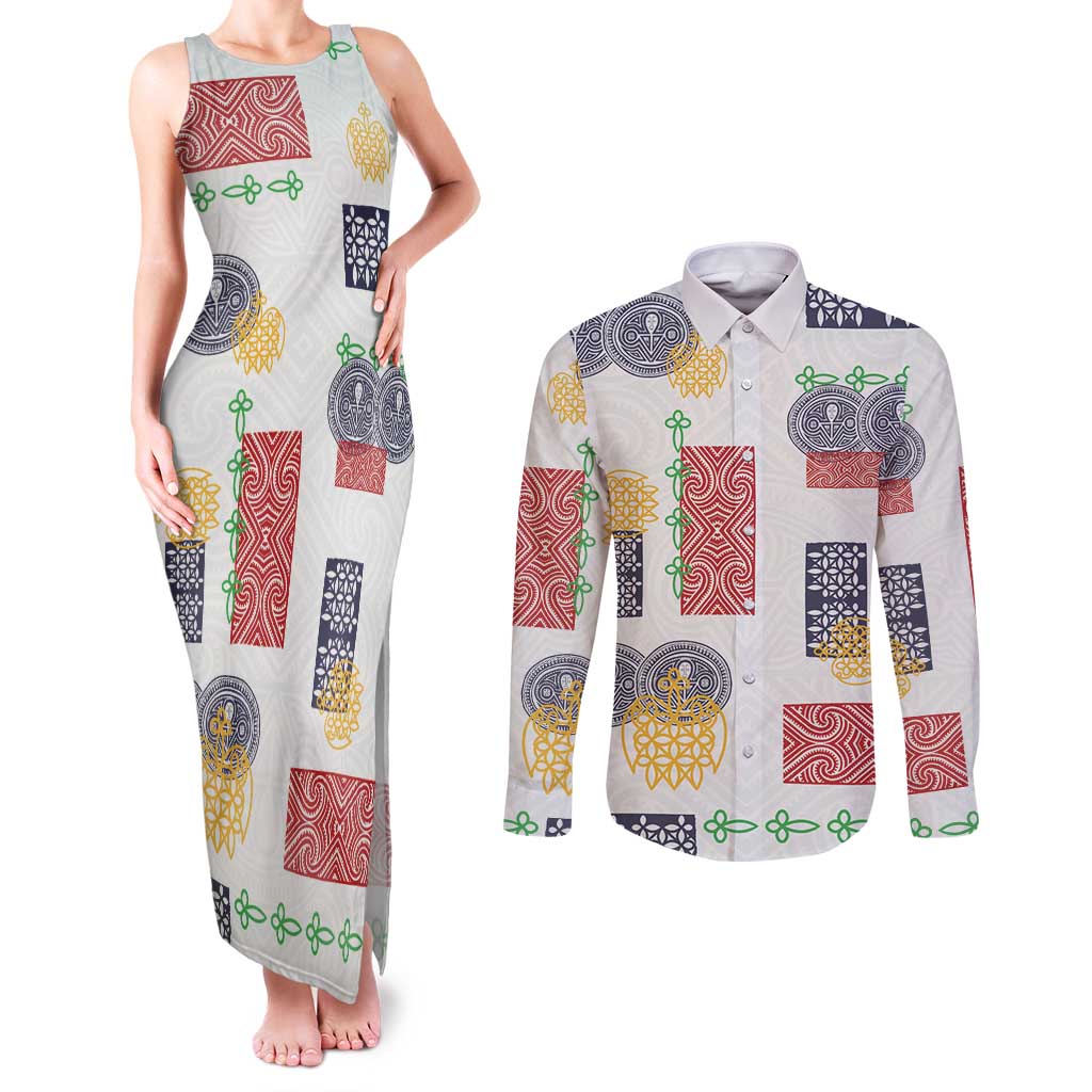 Vintage Lapita Couples Matching Tank Maxi Dress and Long Sleeve Button Shirt Iconic Double Face Pattern LT05 Colorful - Polynesian Pride