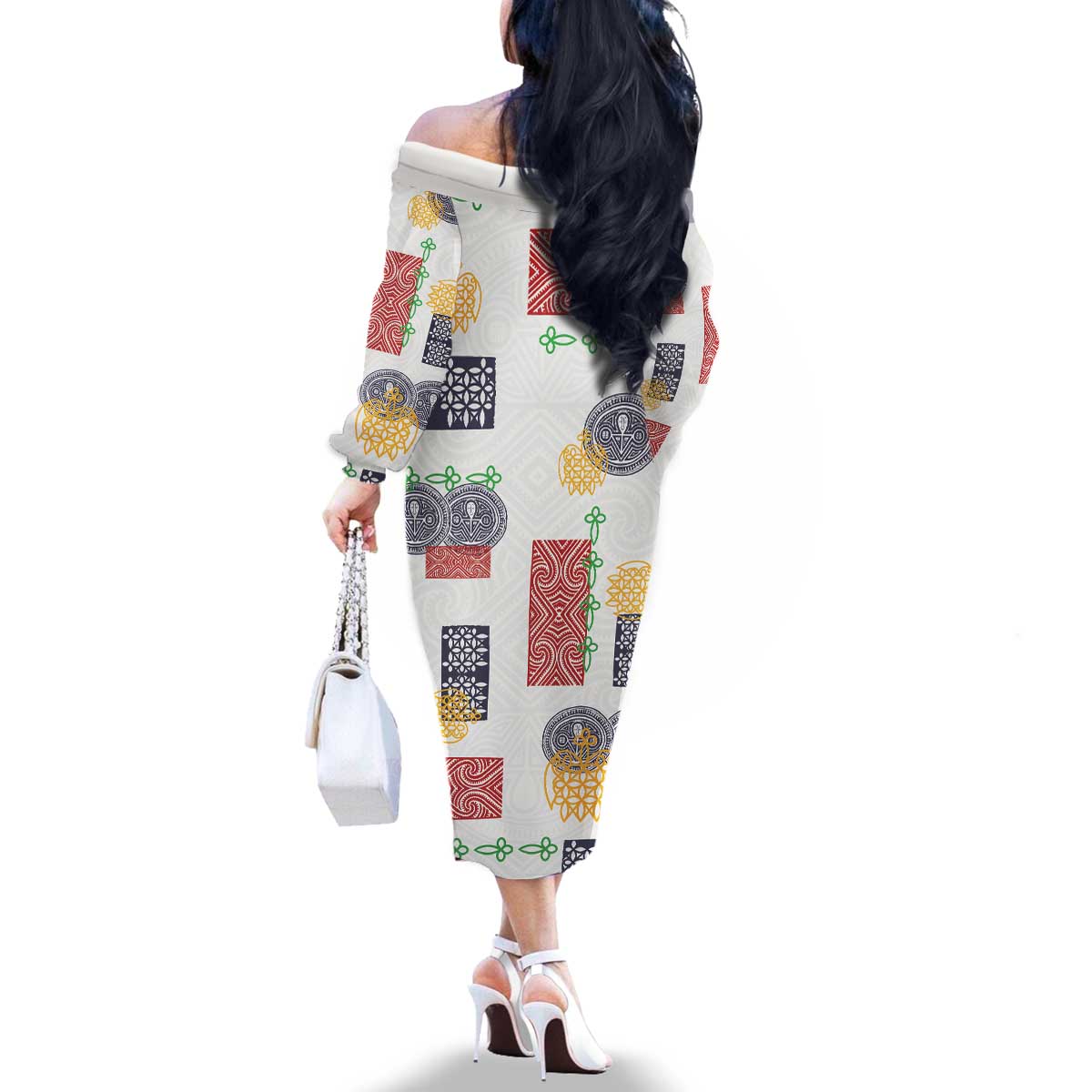 Vintage Lapita Family Matching Off The Shoulder Long Sleeve Dress and Hawaiian Shirt Iconic Double Face Pattern