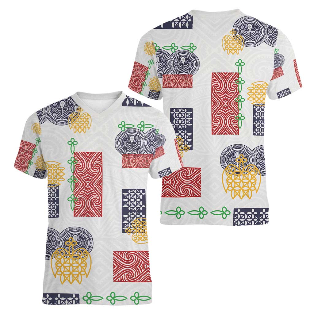Vintage Lapita Women V-Neck T-Shirt Iconic Double Face Pattern LT05 - Polynesian Pride