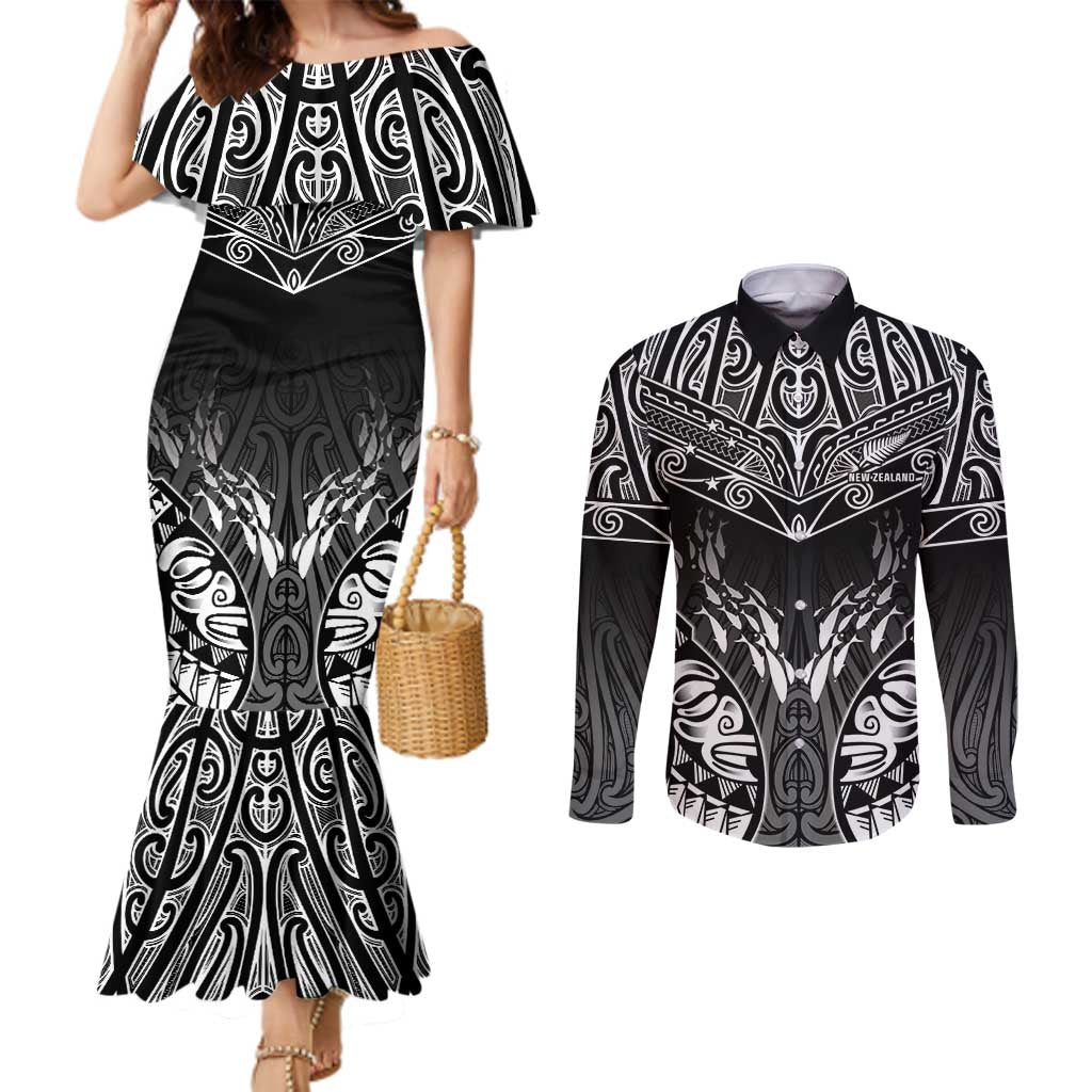 Custom New Zealand Fishing Couples Matching Mermaid Dress and Long Sleeve Button Shirt Aotearoa Maori Koru - Polynesian Pride