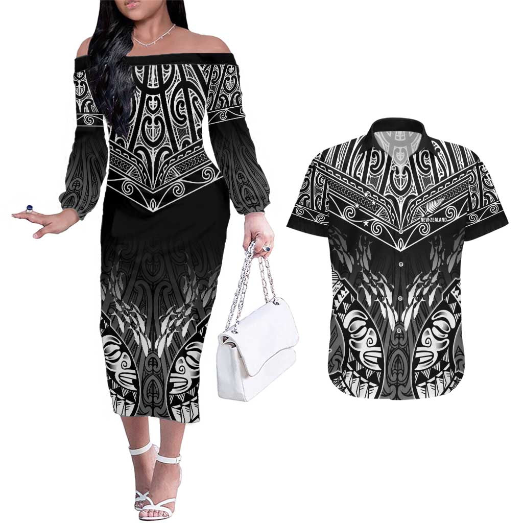 Custom New Zealand Fishing Couples Matching Off The Shoulder Long Sleeve Dress and Hawaiian Shirt Aotearoa Maori Koru - Polynesian Pride