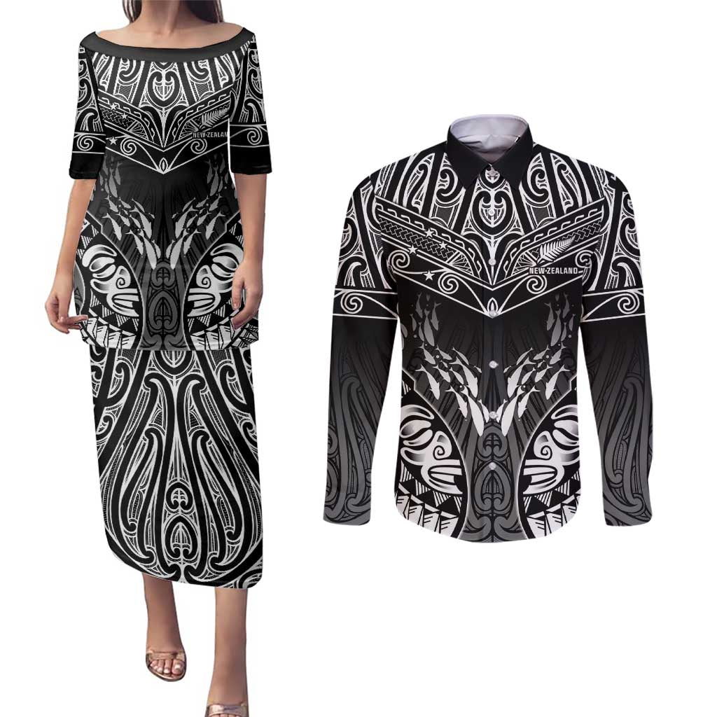 Custom New Zealand Fishing Couples Matching Puletasi and Long Sleeve Button Shirt Aotearoa Maori Koru - Polynesian Pride