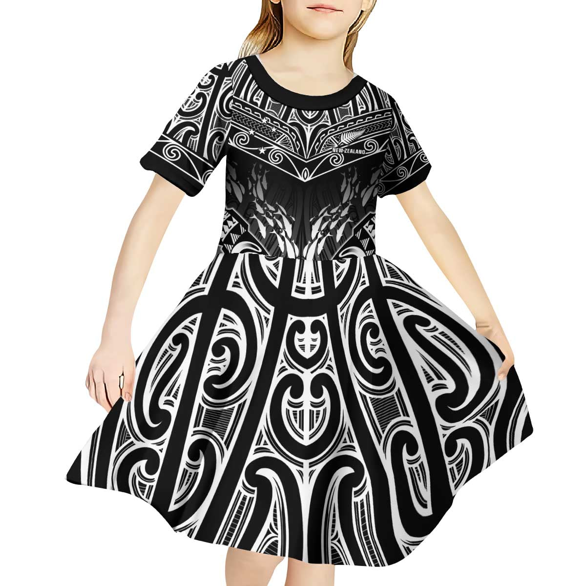 Custom New Zealand Fishing Kid Short Sleeve Dress Aotearoa Maori Koru - Polynesian Pride