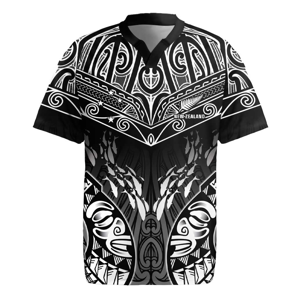 Custom New Zealand Fishing Rugby Jersey Aotearoa Maori Koru LT05 Black - Polynesian Pride