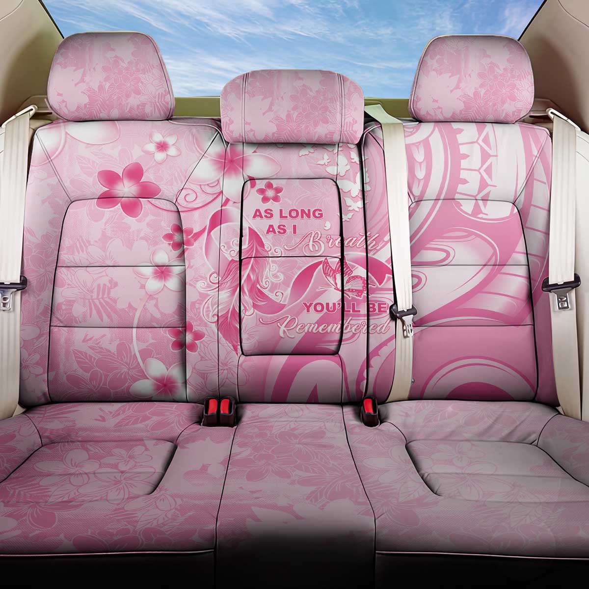 Memorial Pink Breast Cancer Awareness Back Car Seat Cover Plumeria Floral Tribal Pattern - Polynesian Pride