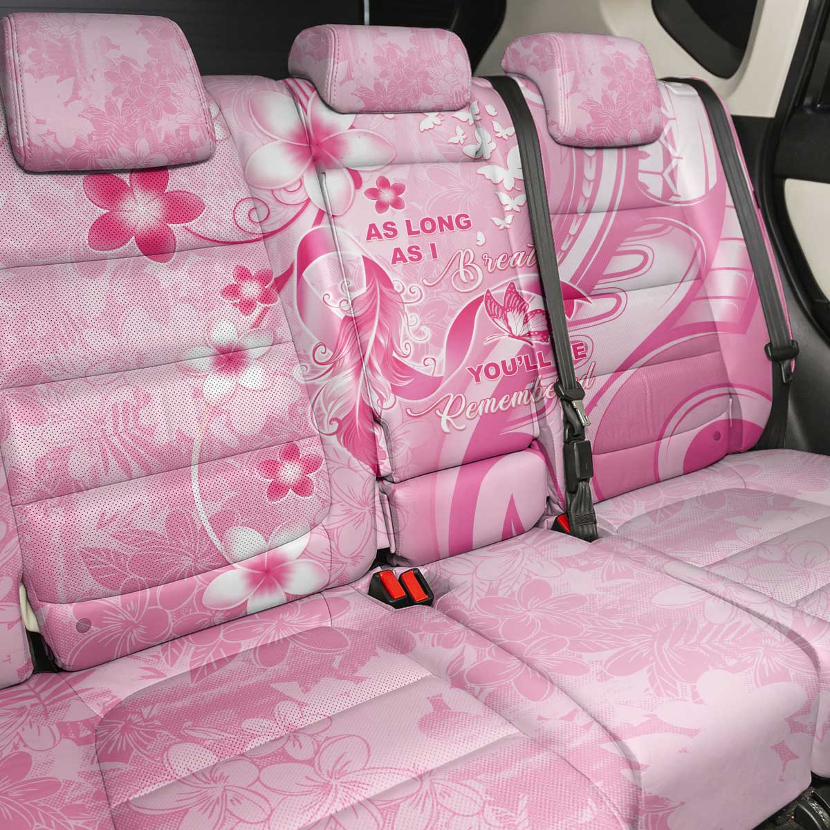 Memorial Pink Breast Cancer Awareness Back Car Seat Cover Plumeria Floral Tribal Pattern - Polynesian Pride