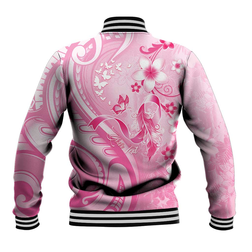 Personalised Memorial Pink Breast Cancer Awareness Baseball Jacket Plumeria Floral Tribal Pattern - Polynesian Pride