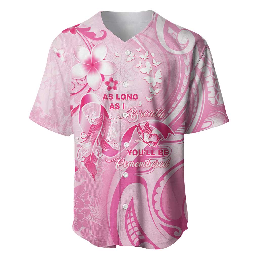 Personalised Memorial Pink Breast Cancer Awareness Baseball Jersey Plumeria Floral Tribal Pattern - Polynesian Pride