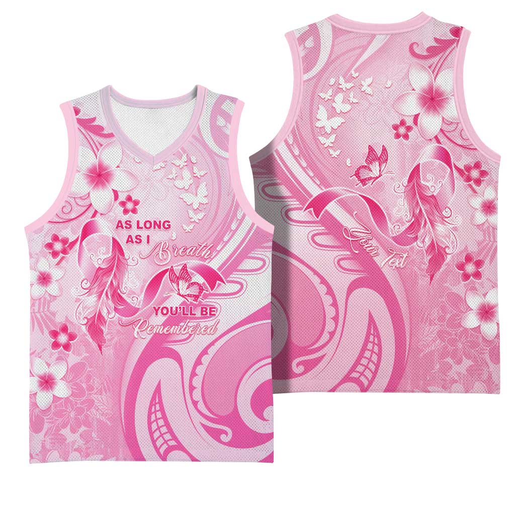 Personalised Memorial Pink Breast Cancer Awareness Basketball Jersey Plumeria Floral Tribal Pattern - Polynesian Pride
