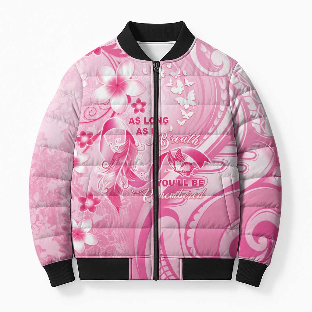 Personalised Memorial Pink Breast Cancer Awareness Bomber Puffer Jacket Plumeria Floral Tribal Pattern - Polynesian Pride