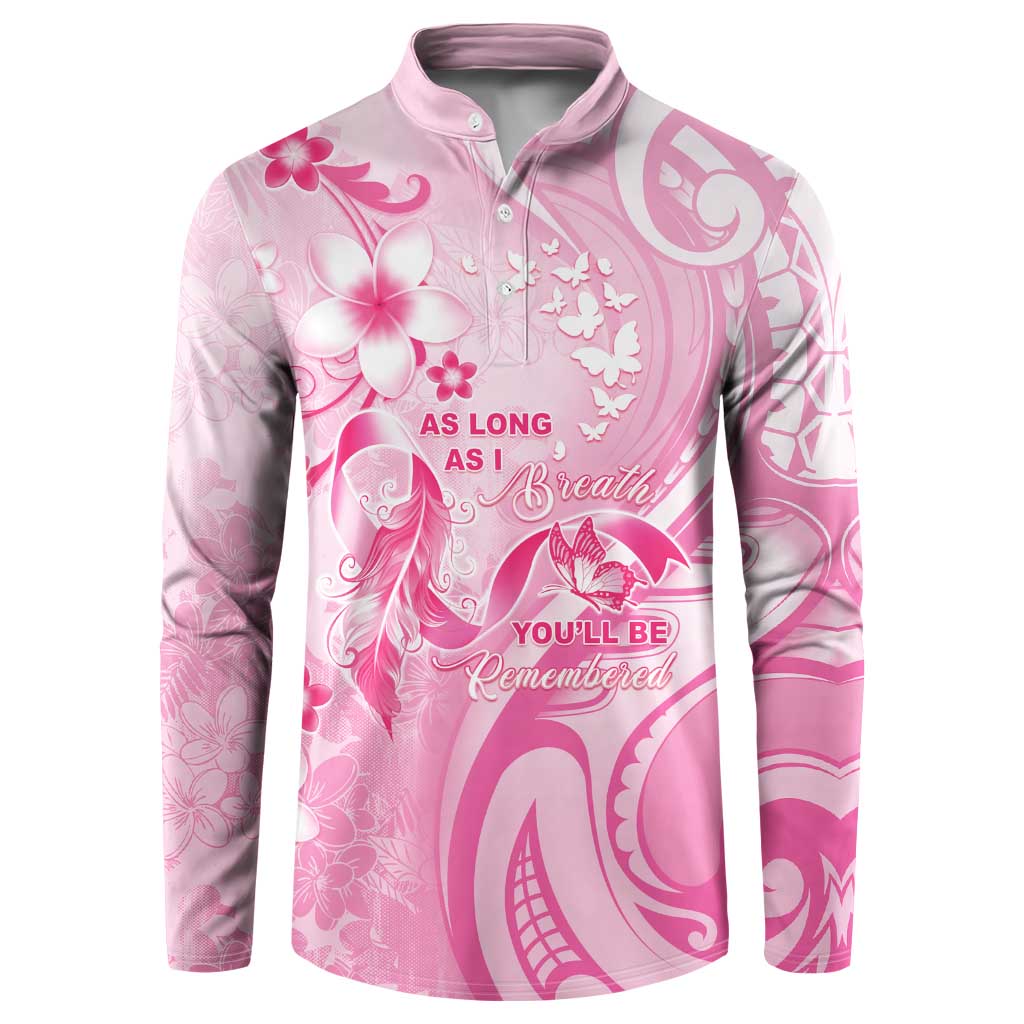 Personalised Memorial Pink Breast Cancer Awareness Button Sweatshirt Plumeria Floral Tribal Pattern - Polynesian Pride
