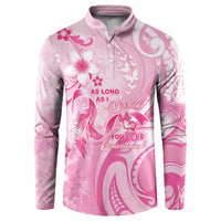 Personalised Memorial Pink Breast Cancer Awareness Button Sweatshirt Plumeria Floral Tribal Pattern - Polynesian Pride